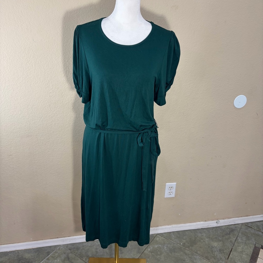 Boden Dark Green Belted Waist Short Sleeve Knot Detail Jersey Mini Dress Sz 12R - Picture 2 of 11